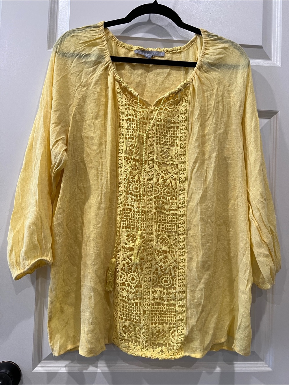 Valerie StevenYellow Crochet-Trim Women's Peasant Top